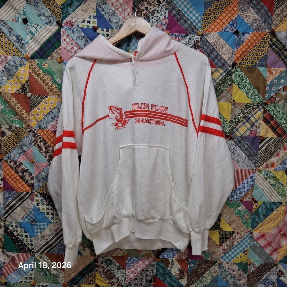 70s True Vintage Flin Flon Manitoba Canadiana Hoodie Large Red White Racing Fish